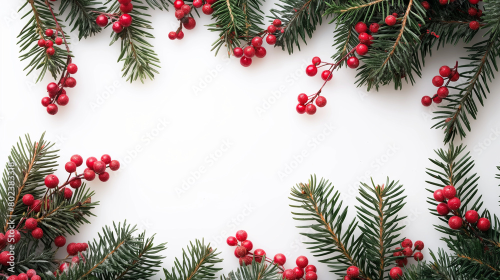 Yule Decor with Red Berries and Green Pine, Festive Christmas Background, Festive Winter Scene with Copy Space Yule Decor with Red Berries and Green Pine, Festive Christmas Background, Festive Winter Scene with Copy Space