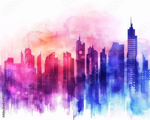 A watercolor painting depicts a futuristic cityscape with towering  sleek skyscrapers under a neon sky  Clipart minimal watercolor isolated on white background