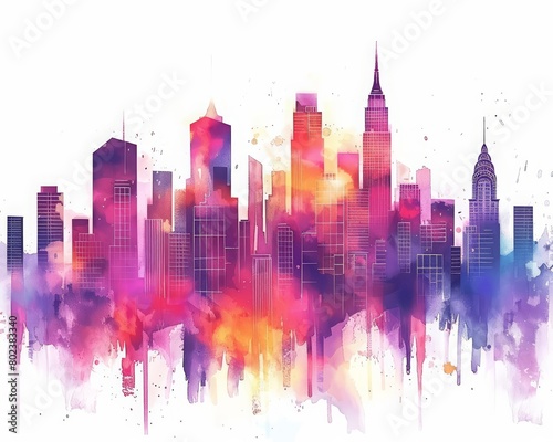 A watercolor painting depicts a futuristic cityscape with towering, sleek skyscrapers under a neon sky, Clipart minimal watercolor isolated on white background