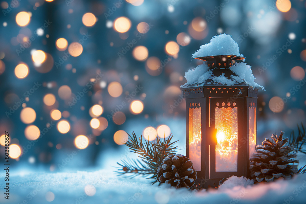 Snowy Lantern with Warm Light, Festive Winter Scene with Copy Space Snowy Lantern with Warm Light, Festive Winter Scene with Copy Space