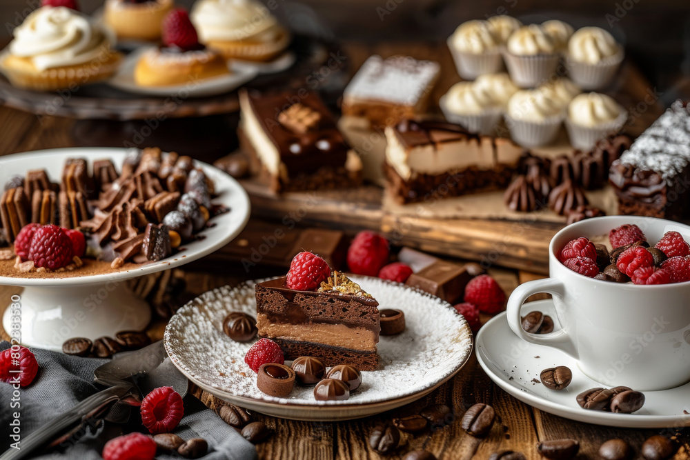 delicious and decadent dessert spread, with a variety of sweet treats and a steaming cup of coffee