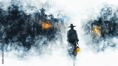 A watercolor painting of a night watchman with his lantern photo