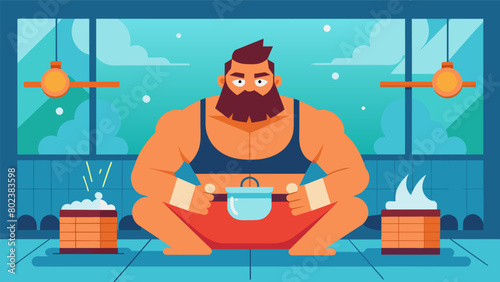 A weightlifter sitting in the sauna focusing on his breathing and letting the heat loosen up his muscles preparing them for the intense workout he has.