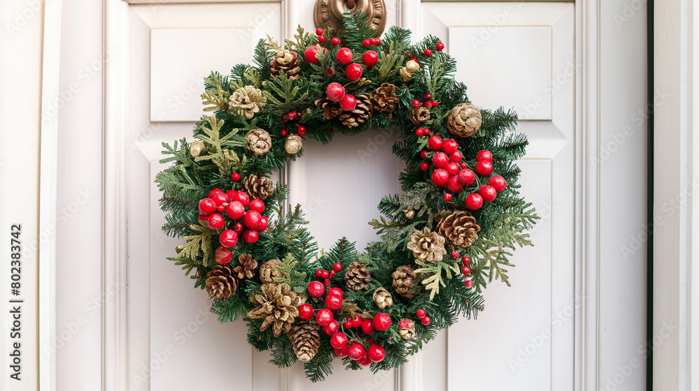 Festive Christmas Wreath on White Door, Traditional Holiday Decor with Copy Space Festive Christmas Wreath on White Door, Traditional Holiday Decor with Copy Space