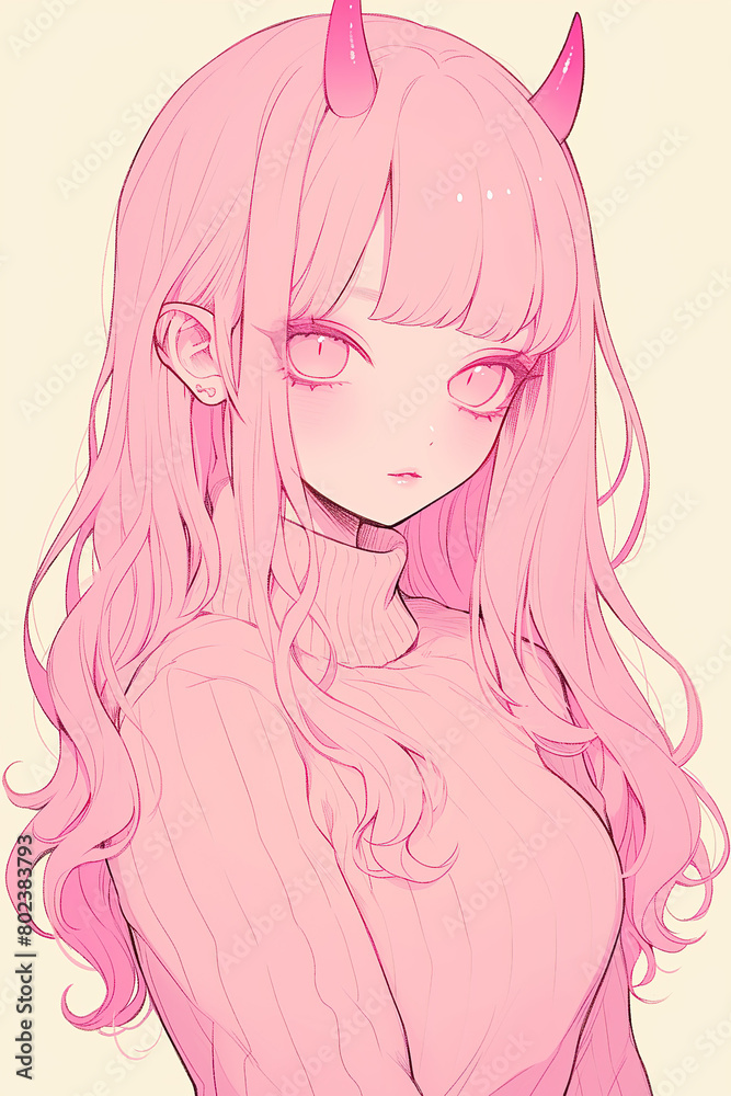 Pink-Haired Horned Girl Illustration Pink-Haired Horned Girl Illustration
