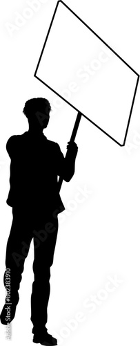 Protestor or demonstrator at a demonstration march, picket line or strike protest rally in silhouette. Holding up a banner or picket sign board placard.