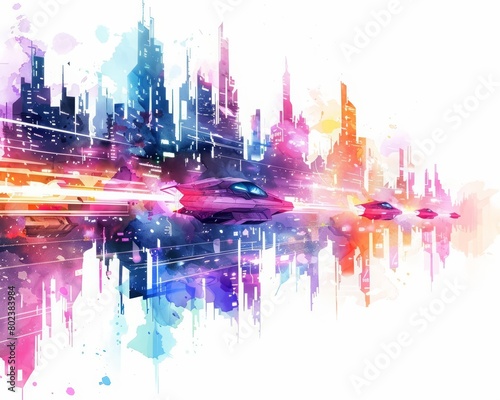 A watercolor painting shows a hovercraft race in a neonlit city  the vehicles emitting bursts of colorful light  Clipart minimal watercolor isolated on white background