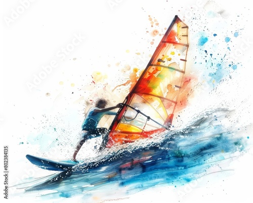A watercolor painting shows a windsurfer racing across the ocean, the sail vibrant against the deep blue water, Clipart minimal watercolor isolated on white background