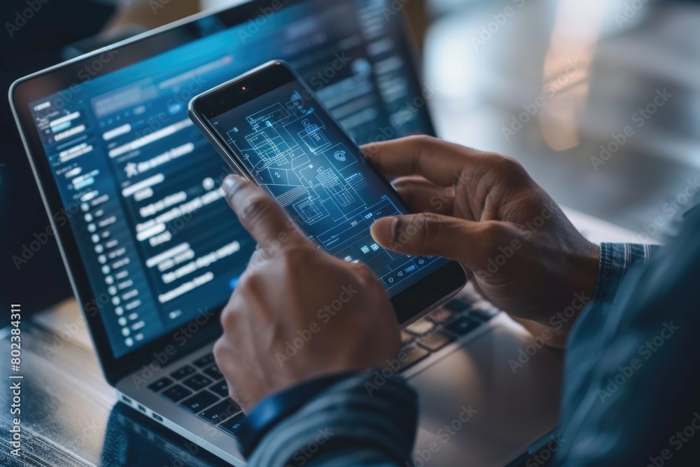 A person multitasking with a cell phone and laptop, perfect for technology concepts A person multitasking with a cell phone and laptop, perfect for technology concepts