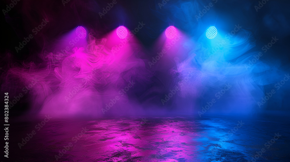 Fototapeta premium Empty modern stage with bright background for performance, stage lighting with spotlights for dance performance ,Abstract with coloured smoke on black background