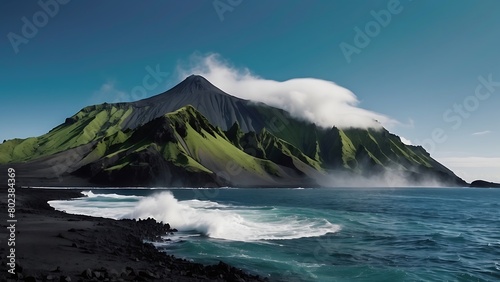 Volcano eruption with smoke and ash in the ocean.