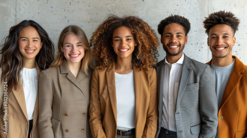 a group of cheerful people of different nationalities in business style clothes on a grey background  photo