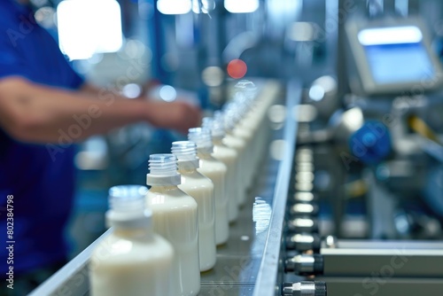 Milk bottles moving on a conveyor belt. Suitable for industrial or manufacturing themes