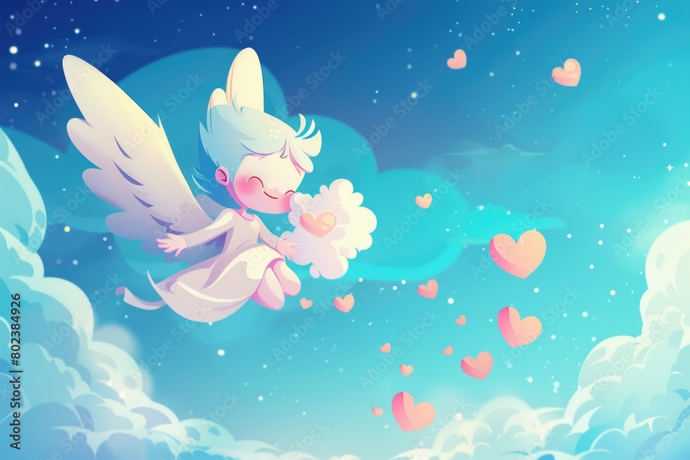 Cartoon illustration of an angel flying in the sky, suitable for various projects