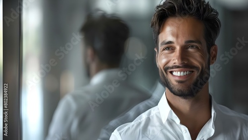 A joyful businessman admiring his reflection in the mirror after achieving success. Concept Business Success, Joyful Expression, Reflecting, Achieving Goals, Office Celebration photo