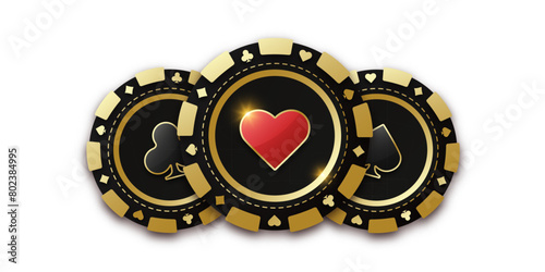Gambling coin with suit hearts. Trio of playing chips or token. Realistic playing chip with the suit of hearts in the center, gambling tokens. Banner for web app or site. Concept poker or casino.