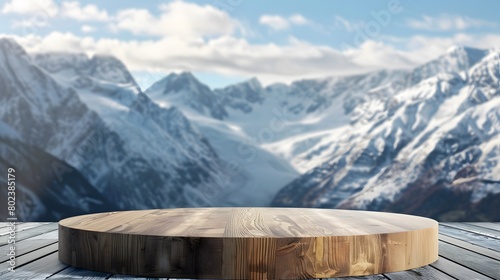 Rustic Podium Against Snowy Mountains: Natural Elegance for Presentations