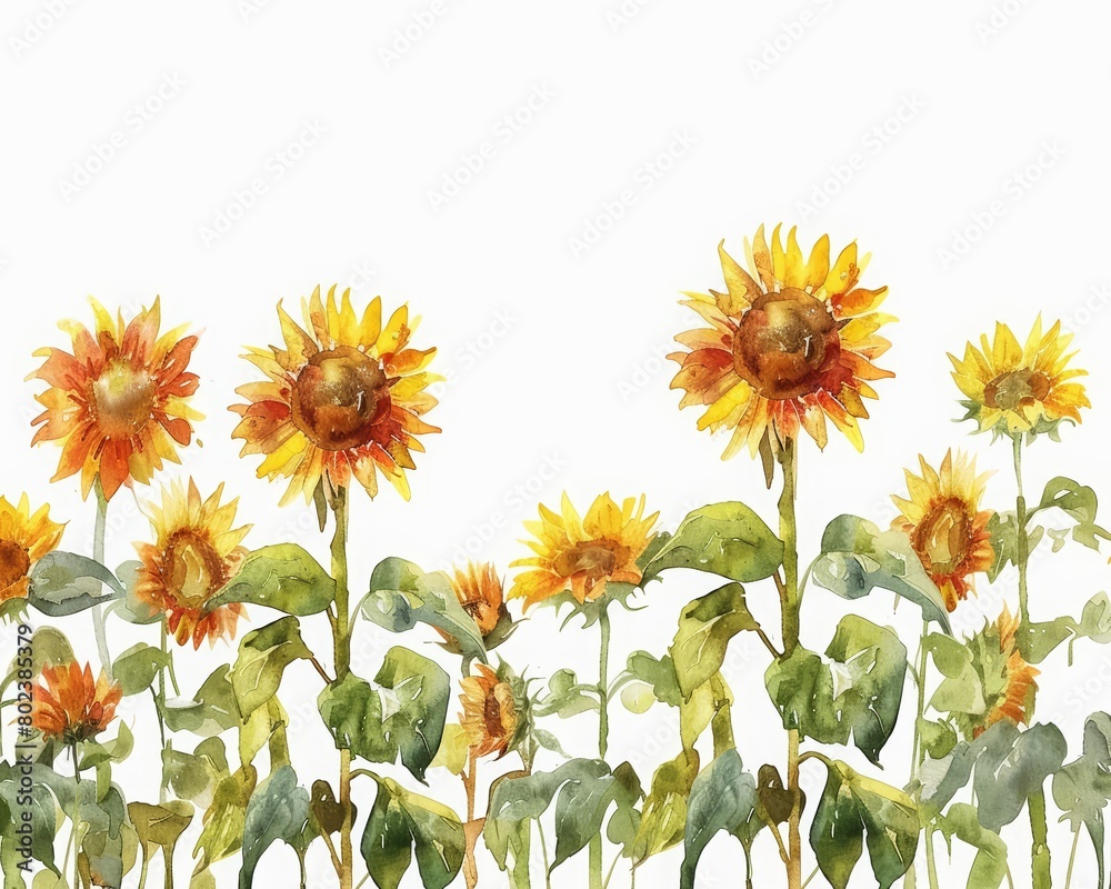 Obraz premium The watercolor painting of a field of sunflowers turning towards the sun, their bright faces cheerful and inviting, Clipart minimal watercolor isolated on white background