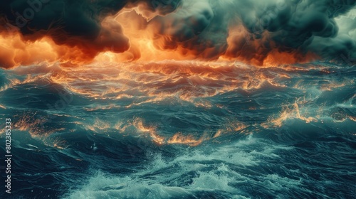 A large body of water with fire coming out of it. Suitable for environmental and natural disaster concepts