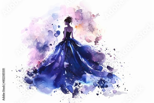 The watercolor painting of a young woman s debutante ball, dressed in a gown and being presented to society, Clipart minimal watercolor isolated on white background photo