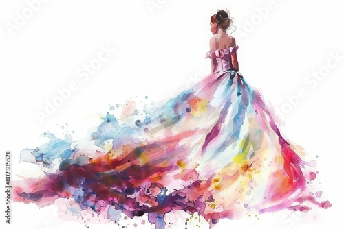 The watercolor painting of a young woman s debutante ball, dressed in a gown and being presented to society, Clipart minimal watercolor isolated on white background photo