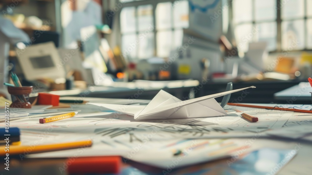 meticulously folded paper airplane on a cluttered office desk, surrounded by scattered papers and office supplies, highlighting a moment of creativity and escape during a busy day meticulously folded paper airplane on a cluttered office desk, surrounded by scattered papers and office supplies, highlighting a moment of creativity and escape during a busy day