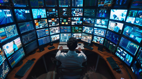 ingeniero empleado en inteligencia controlando el sistema de interfaz y logística ciencia y seguridad tecnológica del servidor y software mediante la programación digital