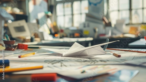 meticulously folded paper airplane on a cluttered office desk, surrounded by scattered papers and office supplies, highlighting a moment of creativity and escape during a busy day © Anna