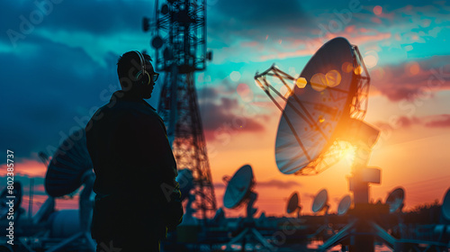 ingeniero trabajando en transmisiones desde las antenas satelitales técnico en instalación tecnología y comunicaciones señal y conexiones internet red y transmisión