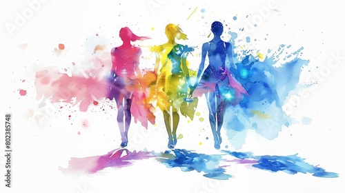 The watercolor painting of a futuristic fashion runway, models showcasing lightup garments and electronic accessories, Clipart minimal watercolor isolated on white background