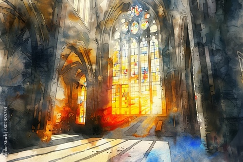 The watercolor painting of a magnificent cathedral with detailed stained glass windows bathed in sunlight  Clipart minimal watercolor isolated on white background