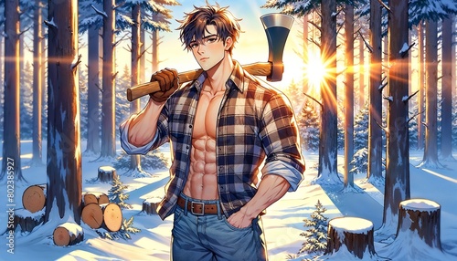 Muscular Man Holding an Axe in a Snowy Forest at Sunset