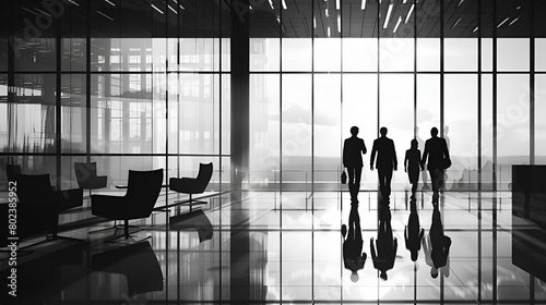 empresarios caminando en la oficina moderna y minimalista hacia junta de negocios ejecutivos en un corporativo con ventanal photo