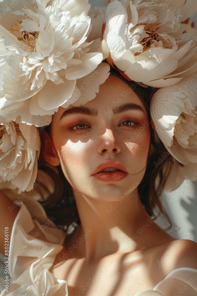realistic Illustration of a beautiful woman with large peonies on her head. fashion beauty portrait, vertical realistic Illustration of a beautiful woman with large peonies on her head. fashion beauty portrait, vertical