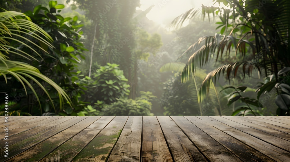 Naklejka premium Sleek Wooden Surface Amidst Amazon Jungle Blur: Natural Elegance for Presentations