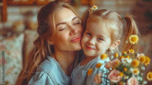 A happy woman kisses her baby on the cheek while holding a bouquet of flowers