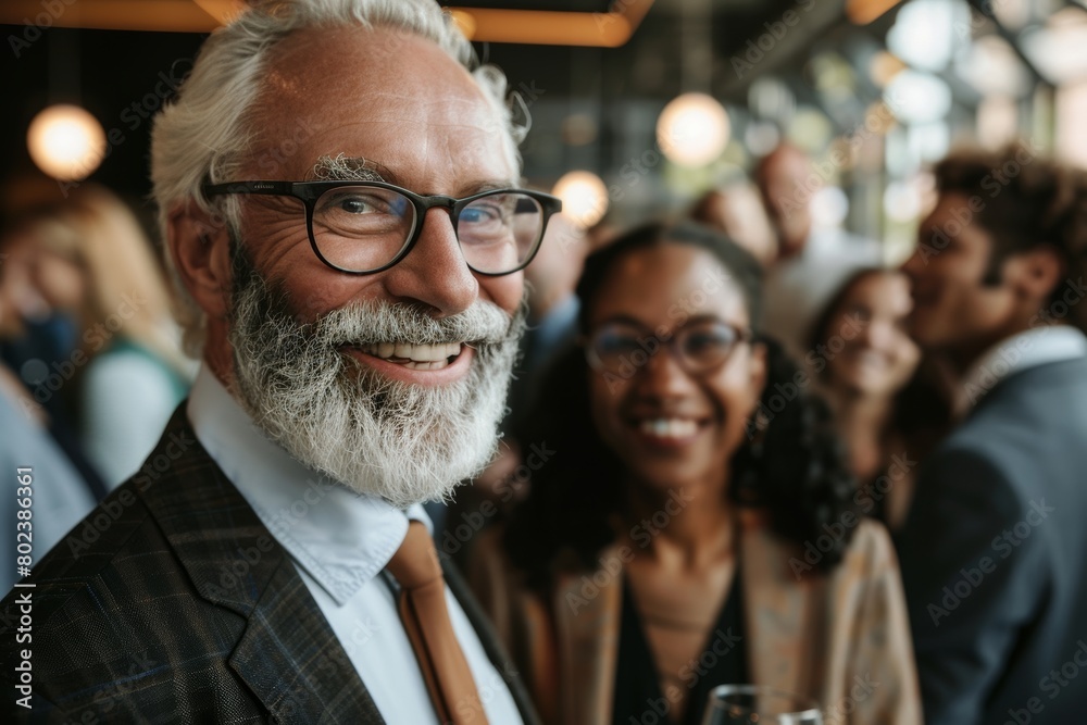 Portrait of a smiling senior businessman standing in a pub with his colleagues in the background Portrait of a smiling senior businessman standing in a pub with his colleagues in the background