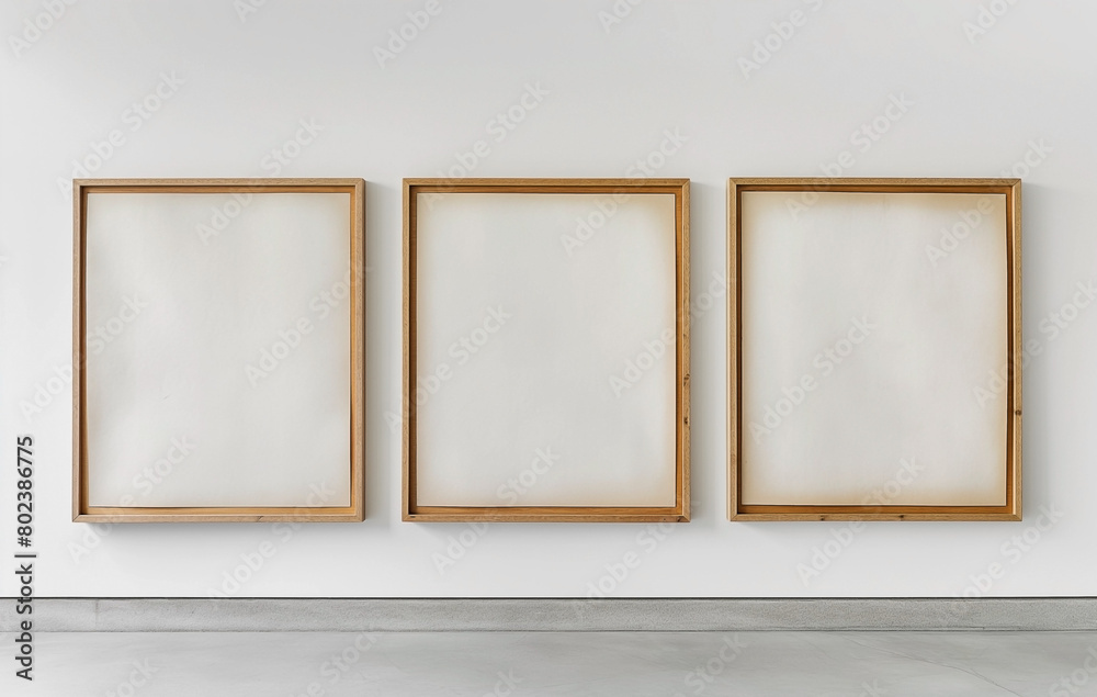 3d Realistic three picture frames in wooden on white background, space for text, front view mockup 3d Realistic three picture frames in wooden on white background, space for text, front view mockup