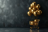 black Friday gift concept golden shopping carts with balloons