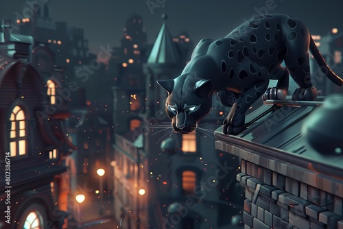 A black panther crouches on a rooftop photo