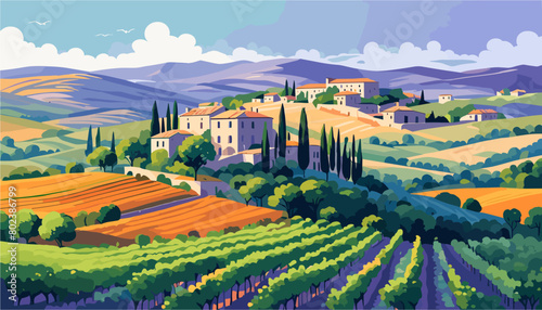 Provence Landscape with a vineyard and a house in the distance. The painting has a peaceful and serene mood. Vector illustration  banner.