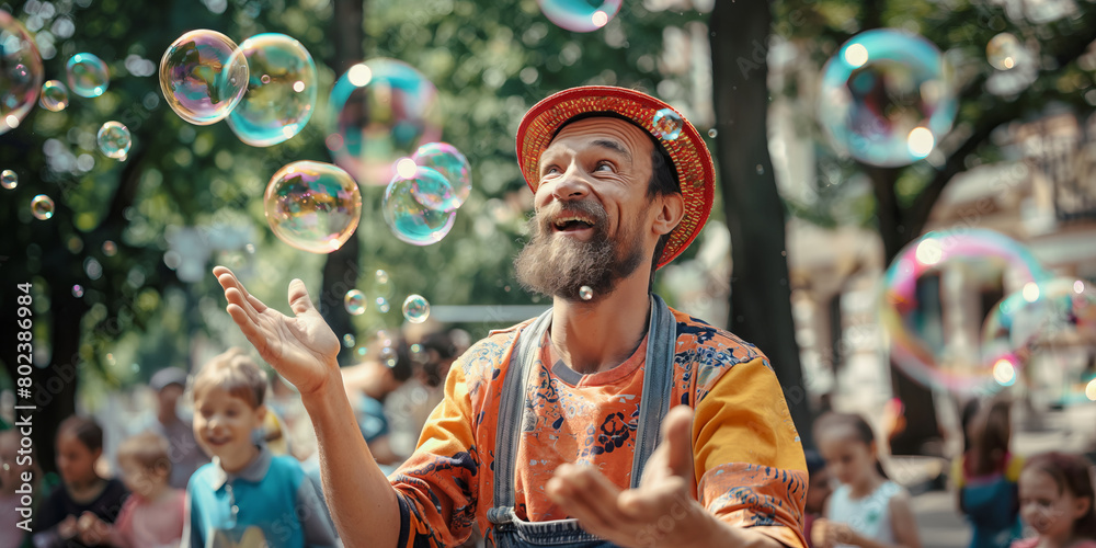 Obraz premium Street performer entertaining the crowd of kids by blowing soap bubbles on sunny summer day. Children playing with colorful soap bubbles floating in the foreground.