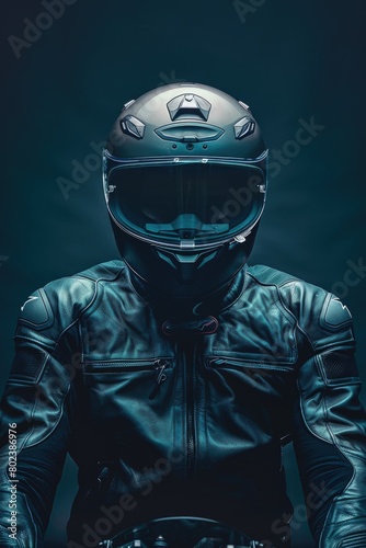 A man wearing a black leather jacket and helmet. Ideal for motorcycle or safety concepts © Ева Поликарпова