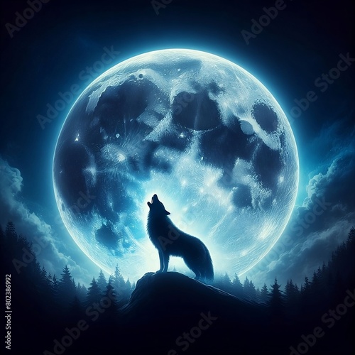 Lobo aullando a la luna llena. photo