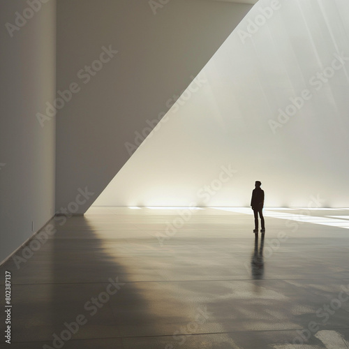 Close-up of a person standing alone in a large empty room, minimalistic design