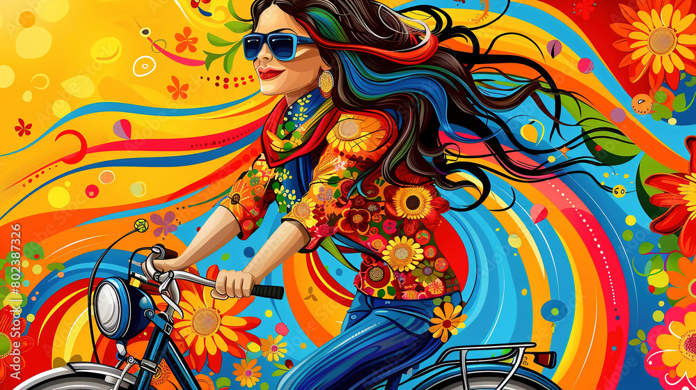 Woman on a bicycle. Multicolored and artistic illustration.