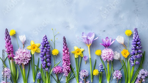 Spring floral border with tulips  daffodils  crocuses  and hyacinths for background design