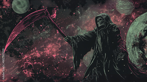 Depict Thanatos as a cosmic reaper wielding a surreal photo