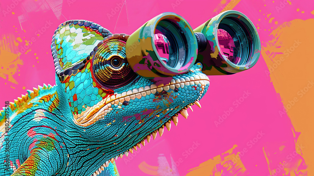 A multicolored chameleon with binoculars.