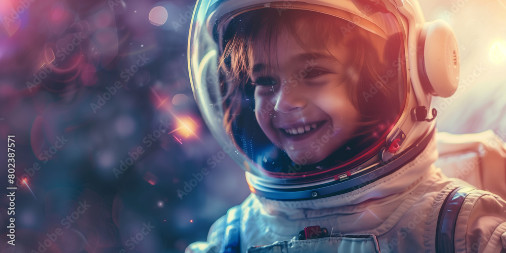 Cheerful child wearing astronaut suit in space. Kid in spacesuit watching meteorites and stars. Children dreams concept.